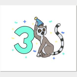 I am 3 with lemur - kids birthday 3 years old Posters and Art